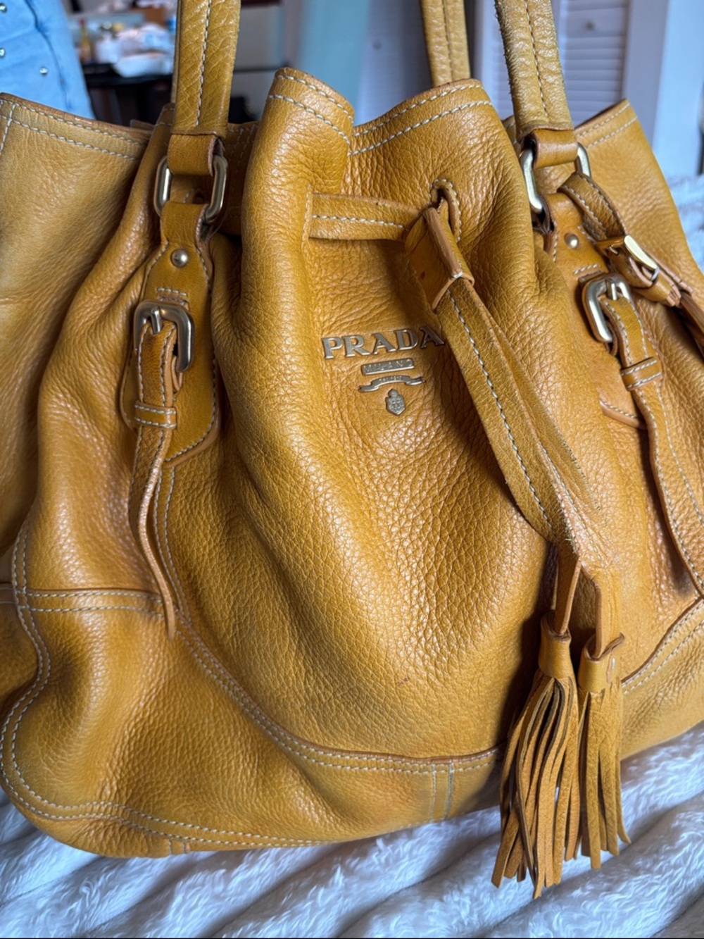Prada Yellow-Tan Leather Drawstring Shoulder Bag - Picture 3 of 16